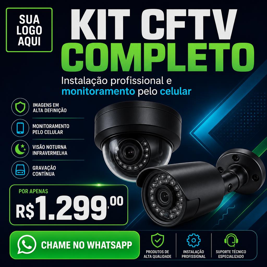 Exemplo de anúncio de kit CFTV gerado pela RevendIA, com espaço reservado para a logo da revenda